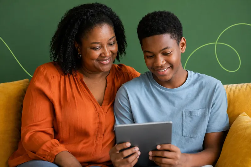 Mother and teenage son learning together with a tablet