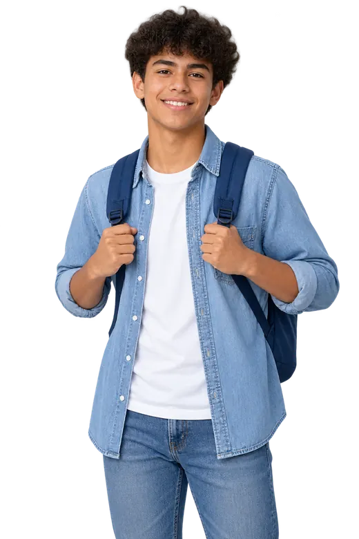 Student wearing a blue shirt and backpack