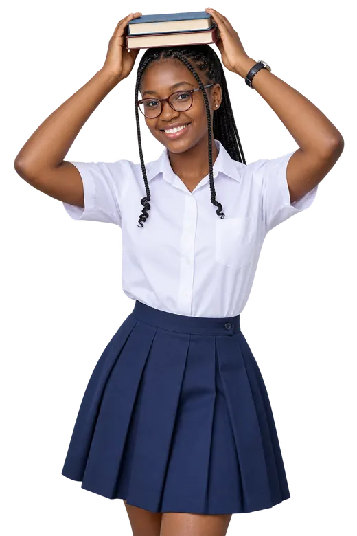 Student balancing books on her head