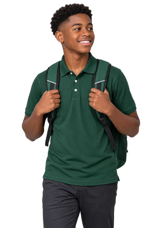 Smiling student wearing a green shirt and backpack