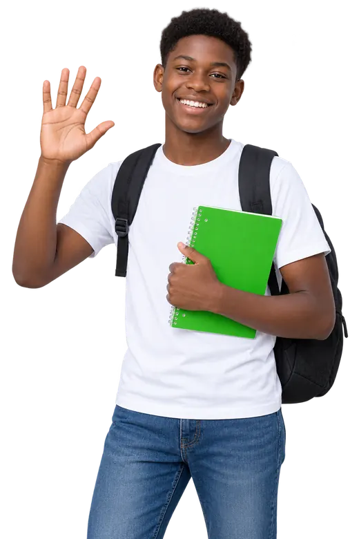 Student holding a green notebook and waving