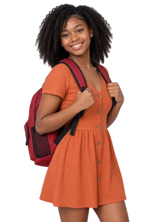 Student in an orange dress ready for school