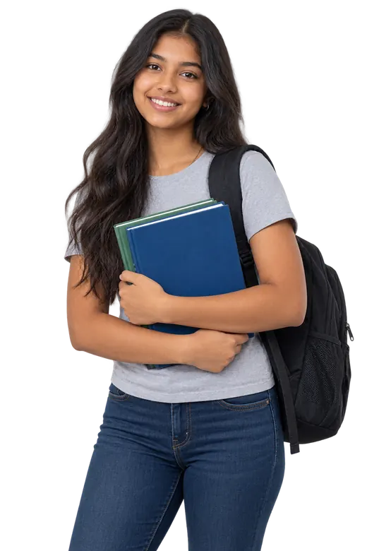 Smiling student holding her school books